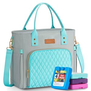 yitote cute lunch bag with bottle holder for women insulated with 4 icepacks, ,lunch box with adjustable shoulder strap for work (green gray)