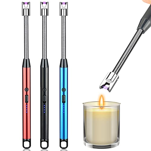 3 Pack Candle Lighter,Arc Lighter with USB Charging,Flameless Windproof,LED Battery Display,Safety Switch,Rotate 360 Degrees,for Aromatherapy,Candles,BBQ,Camping.(Blue&Red&Black)