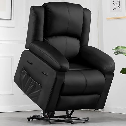 COMHOMA Power Lift Recliner for Elderly, Lift Chair with Heat and Massage，PU Recliner Sofa with 2 Side Pockets and Infinite Position for Living Room, Black