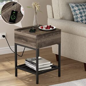 ChooChoo Nightstand with Charging Station and USB Ports, Rustic Side End Table with Drawer and Metal Shelf, Bedside Table for Small Spaces, Bedroom, Grey