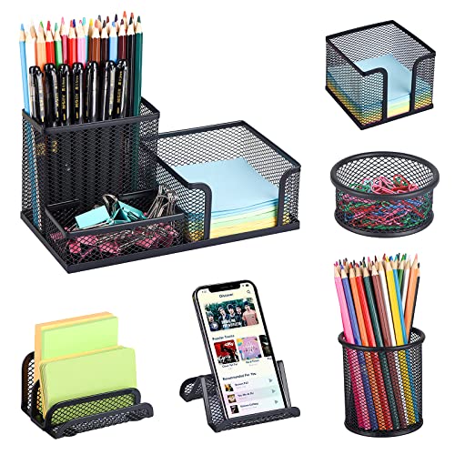 Pen Holder for Desk, 6 Pieces Mesh Desk Organizer set 3 Compartments pens holder, Mail Organizer Letter Holder Home Office Supplies Caddy Storage Baskets for Desktop Accessories(6 Piece set, Black)