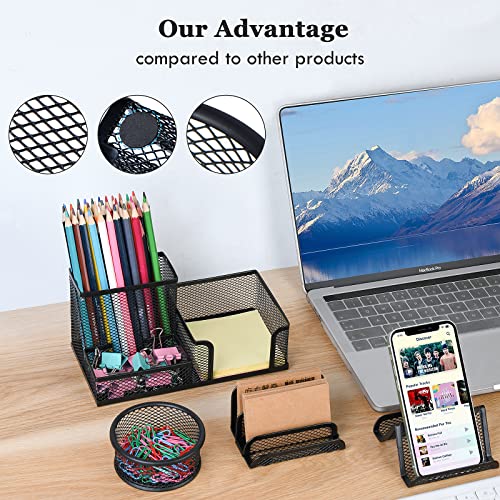 Pen Holder for Desk, 6 Pieces Mesh Desk Organizer set 3 Compartments pens holder, Mail Organizer Letter Holder Home Office Supplies Caddy Storage Baskets for Desktop Accessories(6 Piece set, Black)