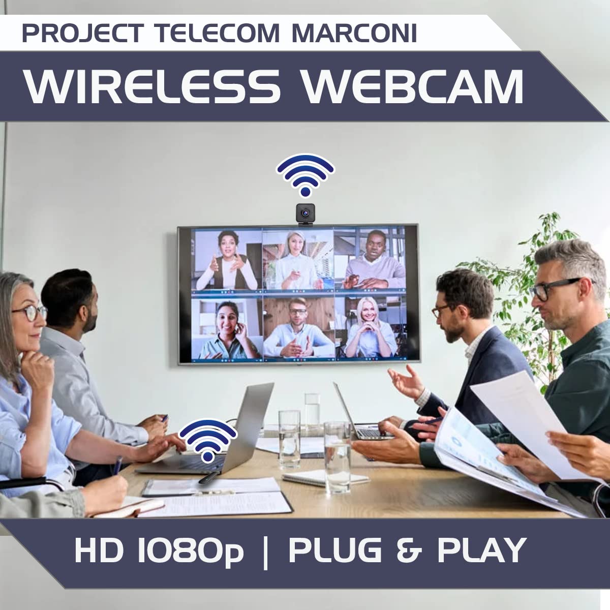 Project Telecom Marconi Wireless HD 1080p Webcam, 2MP, USB-A & USB-C, PC, Laptop, Streaming, Built in Mic, Video Conference Calling, Webinars, Gaming, Compatible with Ecamm Live