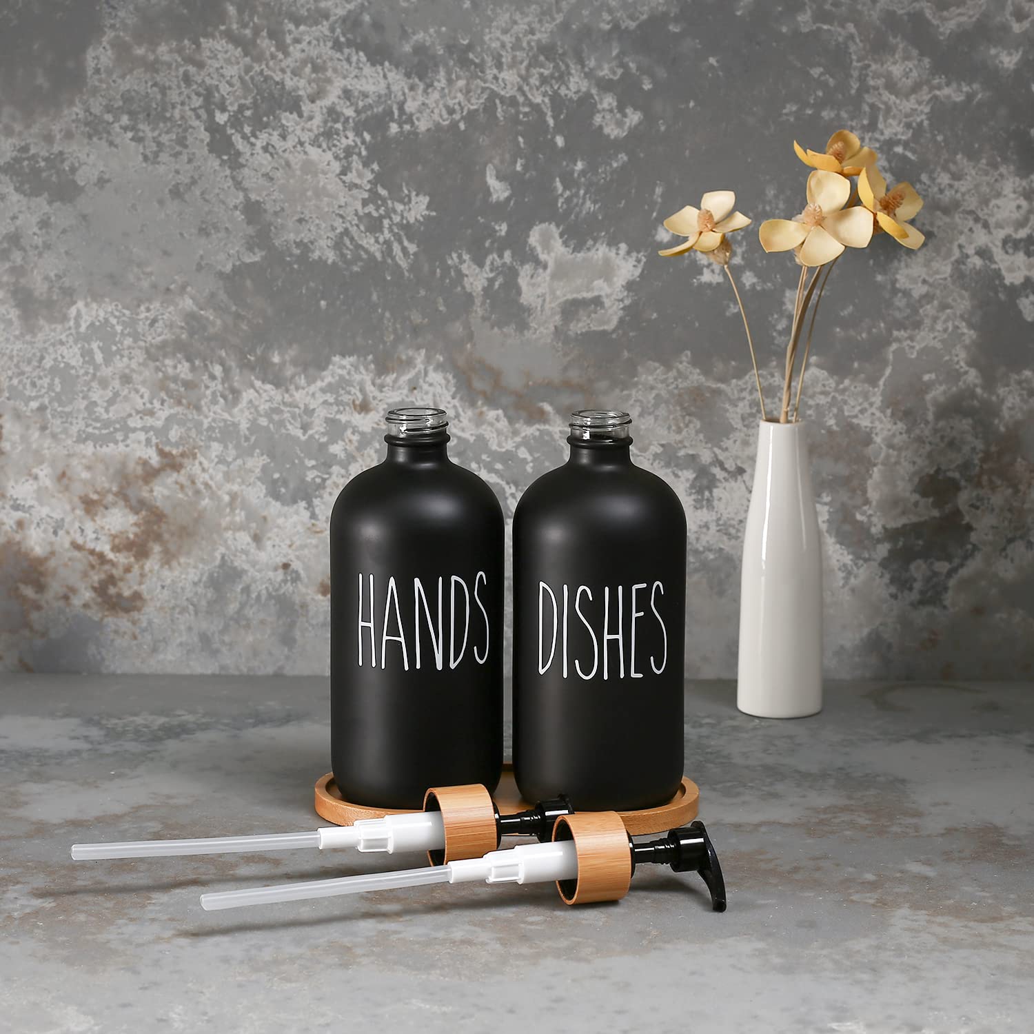 MOMEEMO Matte Black Glass Soap Dispenser Set - Hand and Dish Soap Dispensers Suitable for Rustic Kitchen Decor (Black)