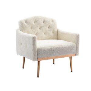 Olela Modern Accent Chair with Arms, Tufted Decorative Single Sofa Fabric Armchair with Gold Metal Legs, Upholstered Reading Chair for Living Room Bedroom Office (White - Fabric)