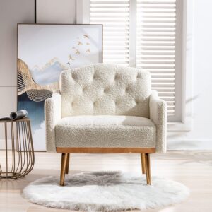 Olela Modern Accent Chair with Arms, Tufted Decorative Single Sofa Fabric Armchair with Gold Metal Legs, Upholstered Reading Chair for Living Room Bedroom Office (White - Fabric)