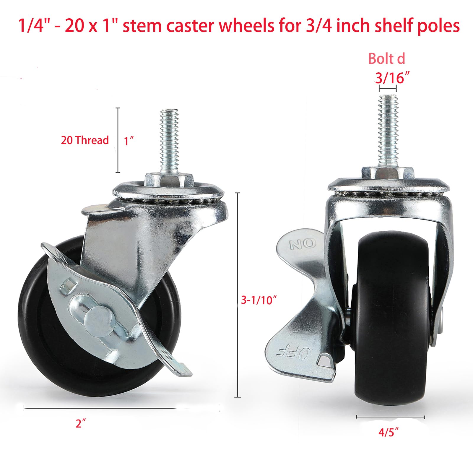 Hlyluoyi Casters for Wire Shelving, Stem Casters Set of 4, Caster Wheels 1/4 inch Threaded Stem, Replacement Wheels for Rolling Cart, Shelving Parts Rubber Caster Wheels 2 inch