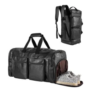 gym duffle bag backpack, leather duffel bags for traveling sports bag overnight bag backpack with shoe compartment weekender bag for men women-black