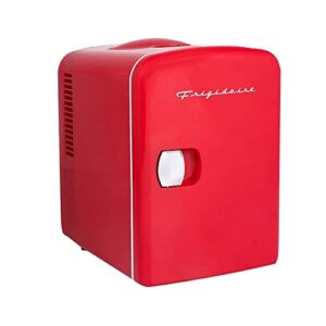 frigidaire red mini portable compact personal fridge cooler, 4 liter capacity chills six 12 oz cans, 100% freon-free & eco friendly, includes plugs for home outlet & 12v car charger