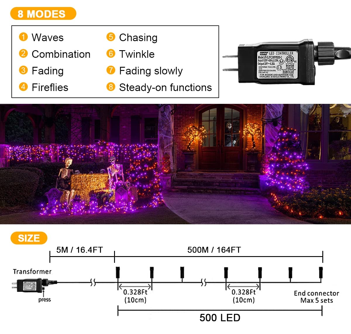 weillsnow 164FT 500 LED Purple Christmas Lights, 8 Modes Waterproof Plug in String Lights for Christmas Indoor Outdoor Yard Party Wedding Garden Home Decorations (Purple)