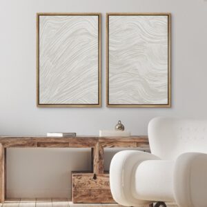 Ashbrook Framed Canvas Print Wall Art Set White Gray Paint Stroke Waves Abstract Shapes Illustrations Modern Art Minimal Decorative Chic for Living Room, Bedroom, Office - 16"x24"x2 NATURAL