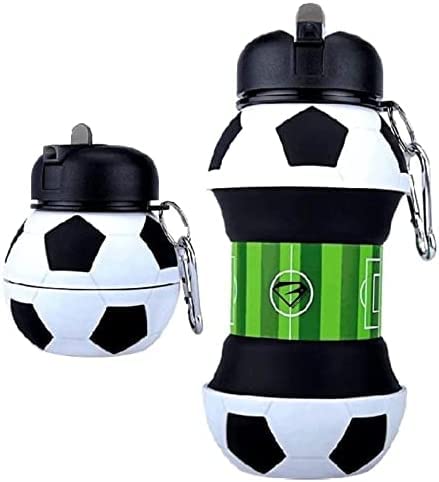 Louis Donné 12.4 x 10.3 x 9.7 cm folding silicon Soccer Water Bottle 100 percent food grade Collapsible Soccer Toddler Water Bottle with Carabiner for School outdoor Birthday Gifts for Boys and Girls