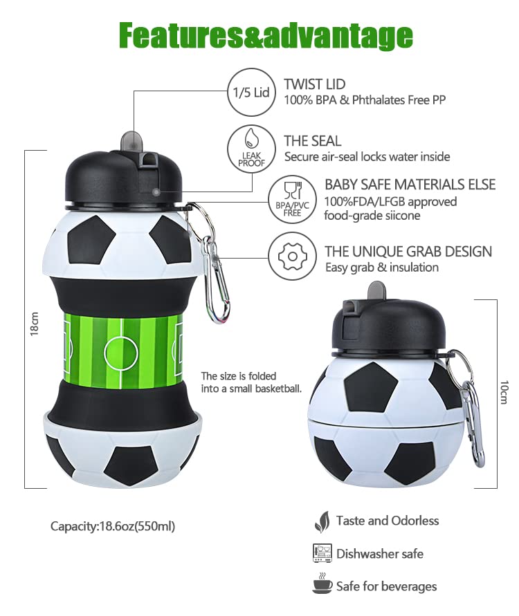 Louis Donné 12.4 x 10.3 x 9.7 cm folding silicon Soccer Water Bottle 100 percent food grade Collapsible Soccer Toddler Water Bottle with Carabiner for School outdoor Birthday Gifts for Boys and Girls