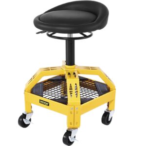 vevor rolling garage stool, 300lbs capacity, adjustable height from 24 in to 28.7 in, mechanic seat with 360-degree swivel wheels and tool tray, for workshop, auto repair shop, yellow