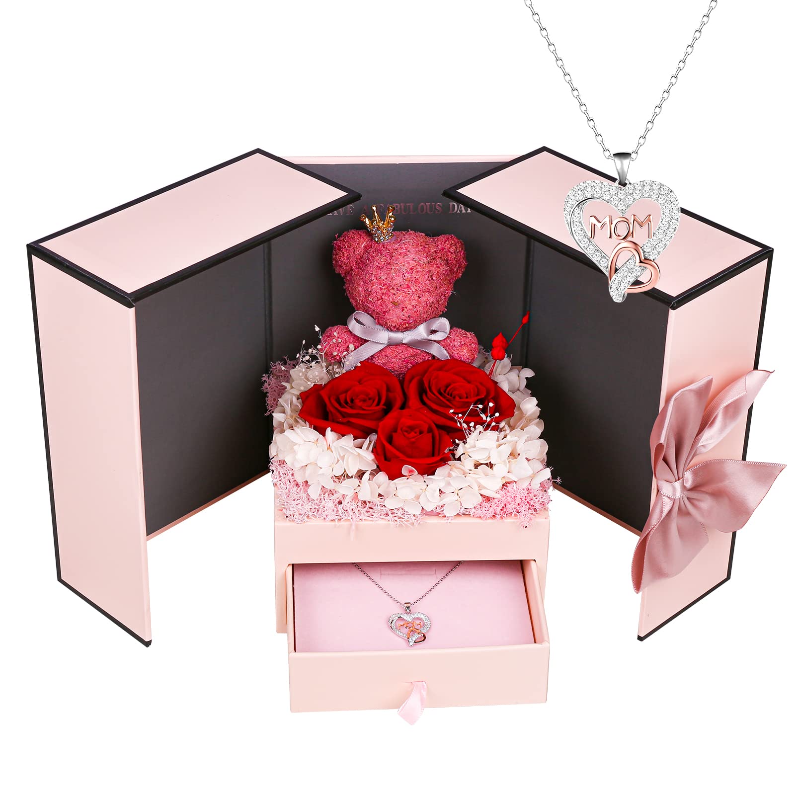 IDFALKFD Preserved Rose Gifts Set includes 925 Sterling Silver Necklace with Heart and Mom Jewelry Design, Mothers Day Birthday Christmas Valentines Gifts for Mom from Daughter and Son