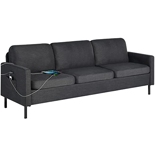 STHOUYN 72" W Sectional Sofa 3 Seat Couch, Mid Century Modern Sofa with 2 USB, Couches Sofas for Living Room Apartment Bedroom, Comfortable Small Couches for Small Spaces (Dark Grey (3-Seater))