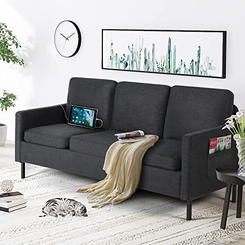 STHOUYN 72" W Sectional Sofa 3 Seat Couch, Mid Century Modern Sofa with 2 USB, Couches Sofas for Living Room Apartment Bedroom, Comfortable Small Couches for Small Spaces (Dark Grey (3-Seater))