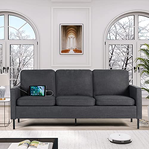 STHOUYN 72" W Sectional Sofa 3 Seat Couch, Mid Century Modern Sofa with 2 USB, Couches Sofas for Living Room Apartment Bedroom, Comfortable Small Couches for Small Spaces (Dark Grey (3-Seater))