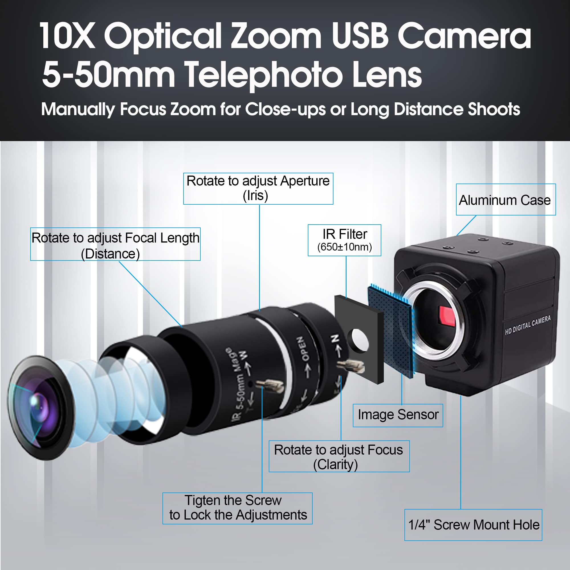 SVPRO 8MP USB Webcam 10X Optical Zoom USB Camera with 5-50mm Manual Lens,Sony IMX179 Sensor Zoomable UVC Computer Camera High Definition Web Camera for Laptop Windows Android Linux MacOS