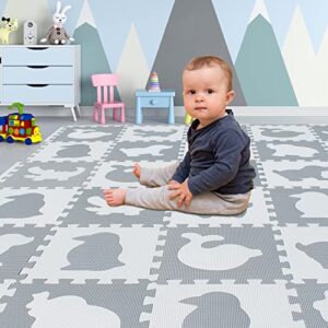 yostrong 18 tiles interlocking animal puzzle foam baby play mat with straight edges for playing - rubber eva babies crawling mats for floor. white, light gray. yop-51(al) b18s18