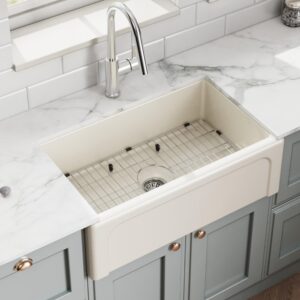 ellai farmhouse sink 30 inch beige fireclay apron front single bowl deep drop in kitchen sink undermount farm sink with bottom grid & strainer, 30”x18”x10” reversible matte biscuit