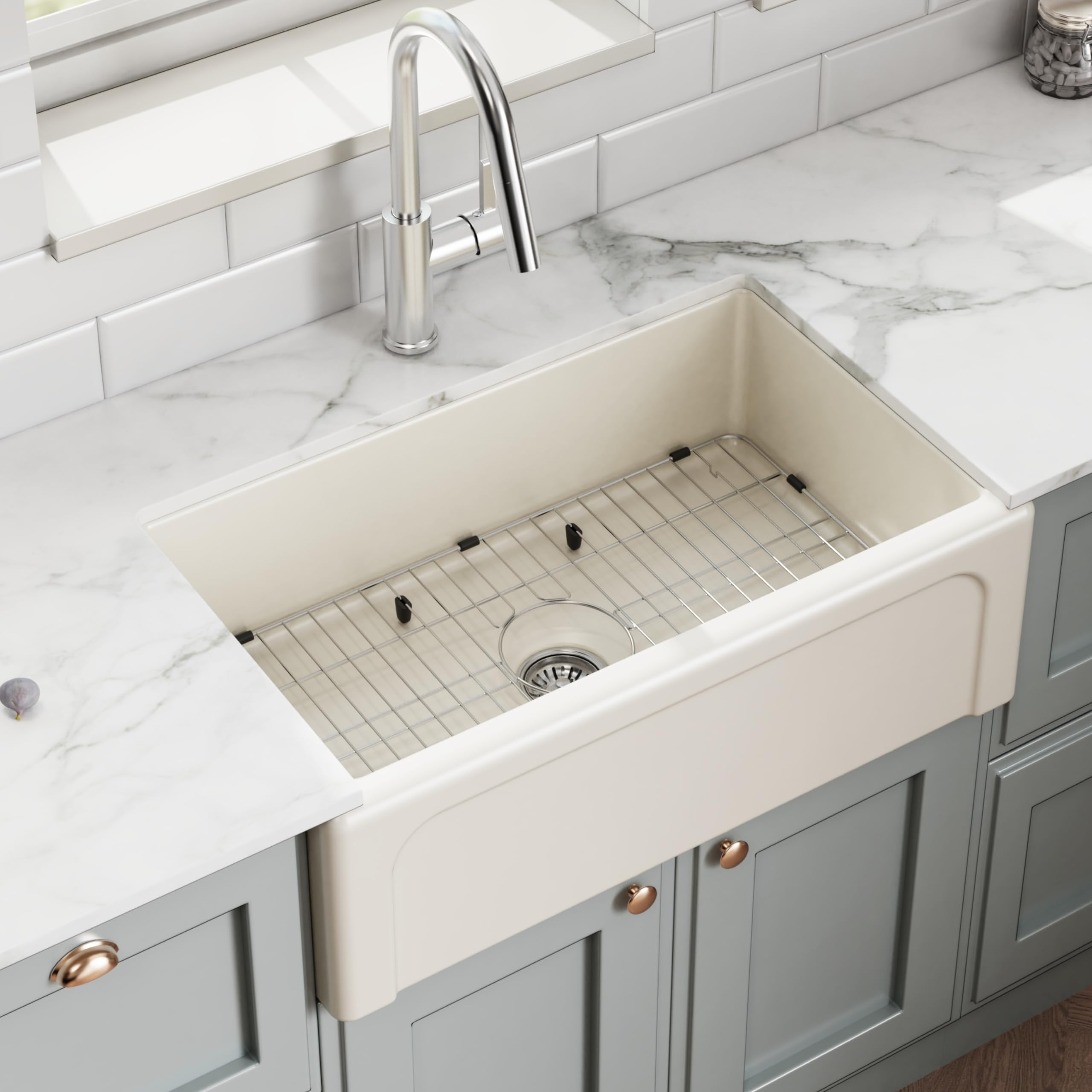 ELLAI Farmhouse Sink 30 Inch Beige Fireclay Apron Front Single Bowl Deep Drop In Kitchen Sink Undermount Farm Sink with Bottom Grid & Strainer, 30”x18”x10” Reversible Matte Biscuit