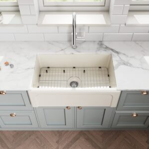 ELLAI Farmhouse Sink 30 Inch Beige Fireclay Apron Front Single Bowl Deep Drop In Kitchen Sink Undermount Farm Sink with Bottom Grid & Strainer, 30”x18”x10” Reversible Matte Biscuit