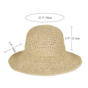 Womens Floppy Straw Sun Hat Foldable Packable Wide Brim Summer Beach Hat Crochet Bucket Hat (US, Alpha, One Size, Beige)