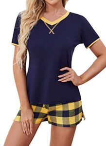 hocosit womens pajama set v-neck short sleeve with plaid shorts sleepwear summer lounge pj set s-xxl navy x-large