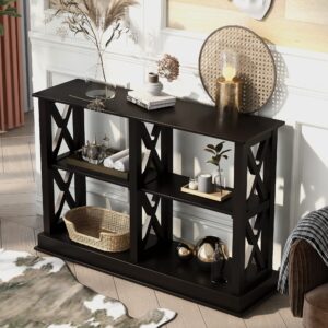 Knocbel 46.5in Entry Console Table with Open Shelves and X-Shaped Frame, Hallway Entryway Sofa Side 3-Tier Table