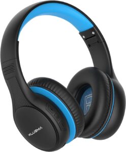 klugmia kids bluetooth headphones, 85/94db volume limited kids headphones, over ear toddler headphones with built-in mic, bluetooth 5.0, foldable wireless headphones for kids (black blue)