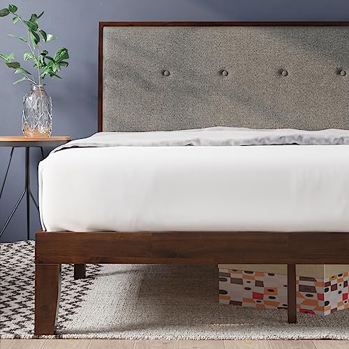 ZINUS Moiz Wood Platform Bed Frame with Adjustable Upholstered Headboard / Solid Wood Bed / Wood Slat Support / No Box Spring Needed / Easy Assembly, Queen