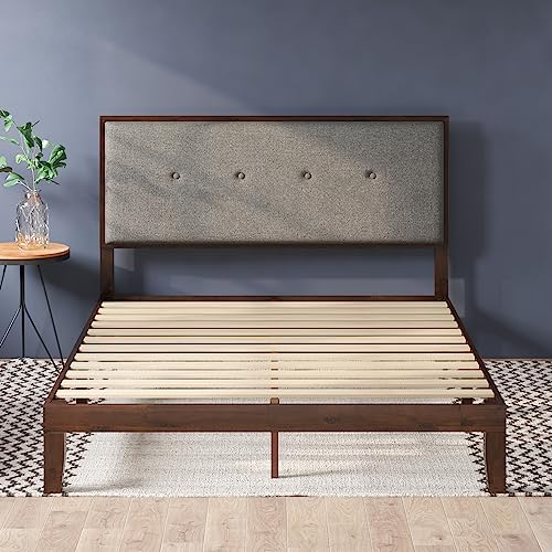 ZINUS Moiz Wood Platform Bed Frame with Adjustable Upholstered Headboard / Solid Wood Bed / Wood Slat Support / No Box Spring Needed / Easy Assembly, Queen