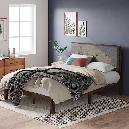 ZINUS Moiz Wood Platform Bed Frame with Adjustable Upholstered Headboard / Solid Wood Bed / Wood Slat Support / No Box Spring Needed / Easy Assembly, Queen