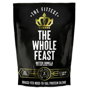 the fittest whole feast beef protein powder - butter vanilla - nose to tail carnivore blend including liver, colostrum and whole bone - bcaas - 14g collagen - 21g total protein