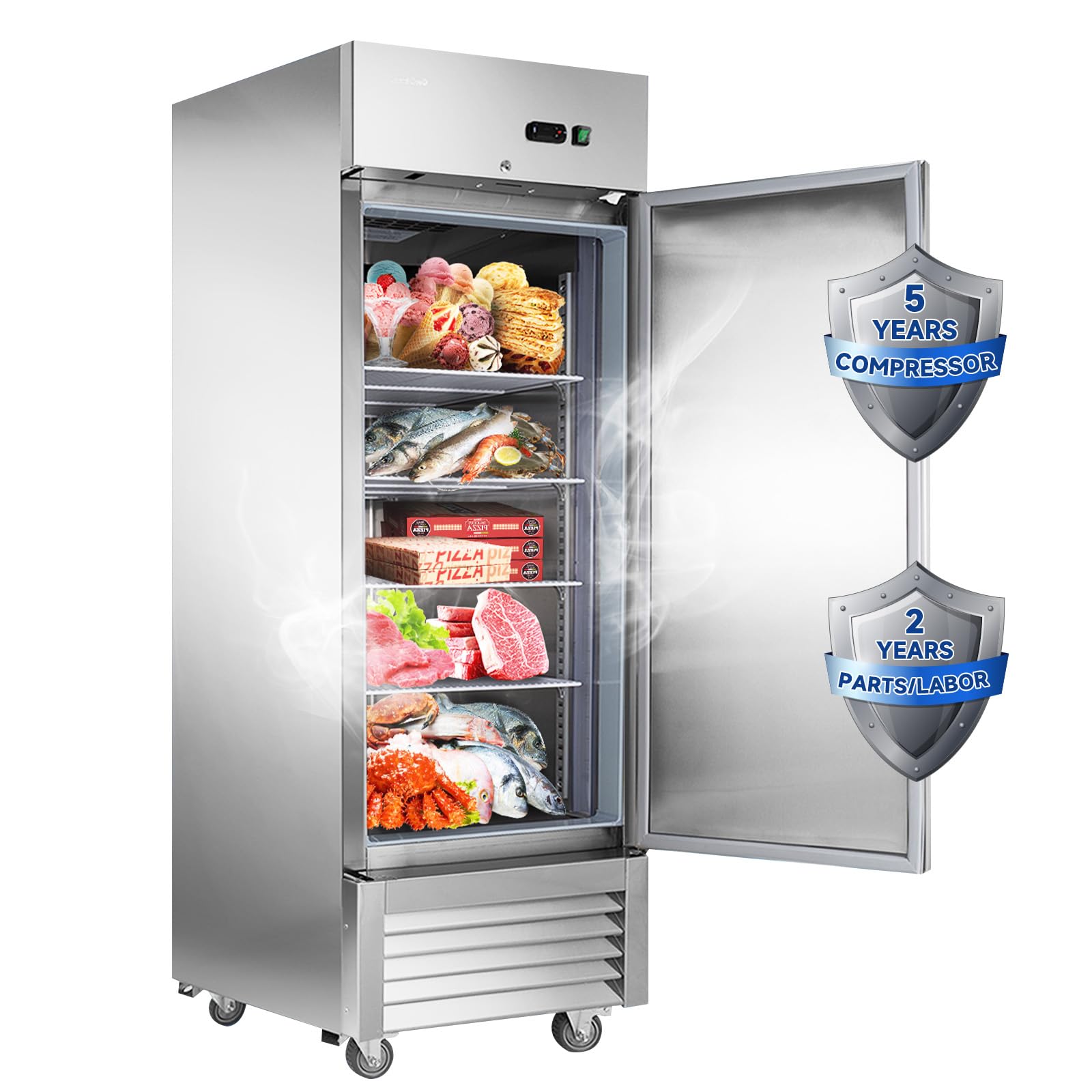 JINSONG 27" Commercial Freezer with Single Solid Door, 23 cu.ft Stainless Steel Reach-in Freezer for Restaurant, Bar, Shop, Residential