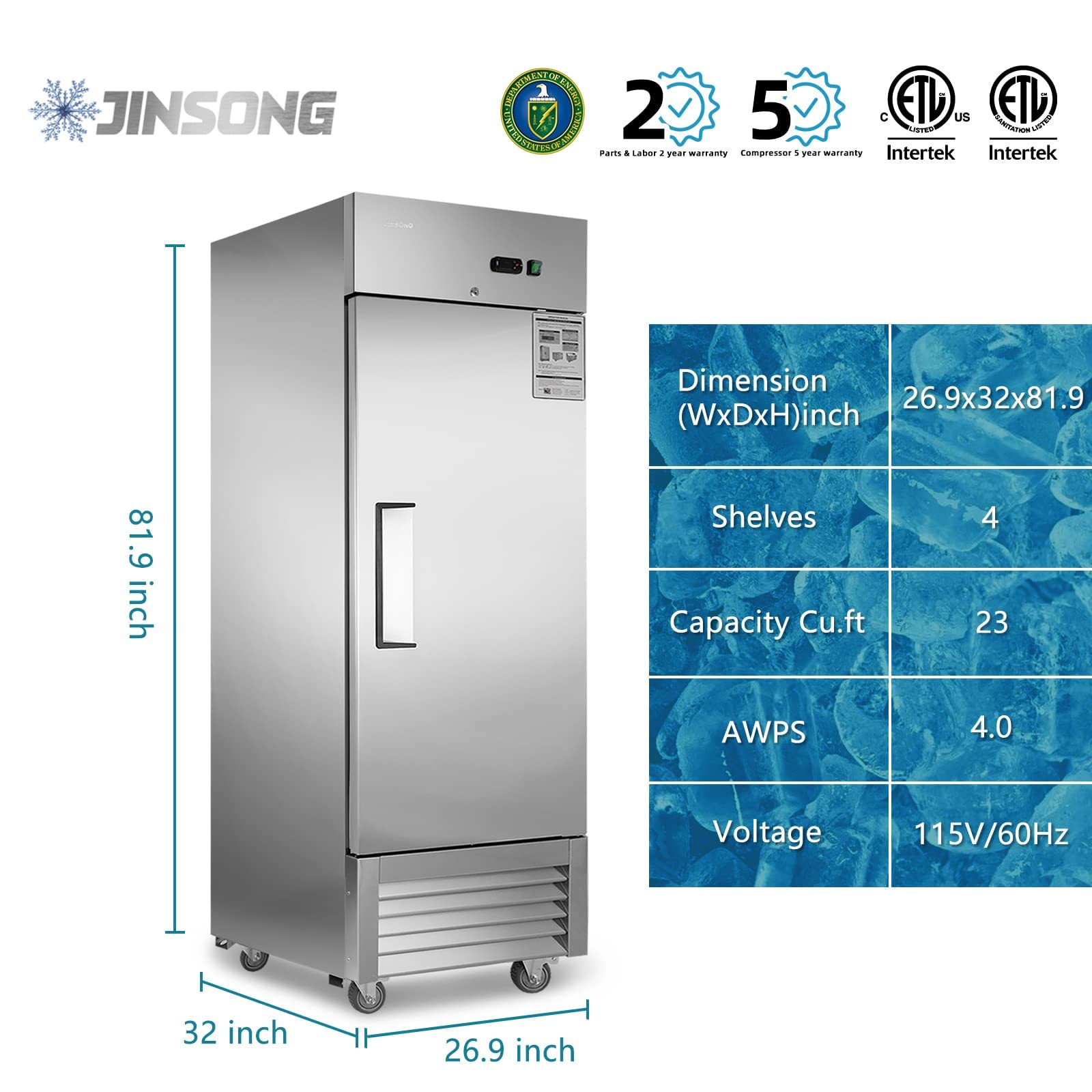 JINSONG 27" Commercial Freezer with Single Solid Door, 23 cu.ft Stainless Steel Reach-in Freezer for Restaurant, Bar, Shop, Residential