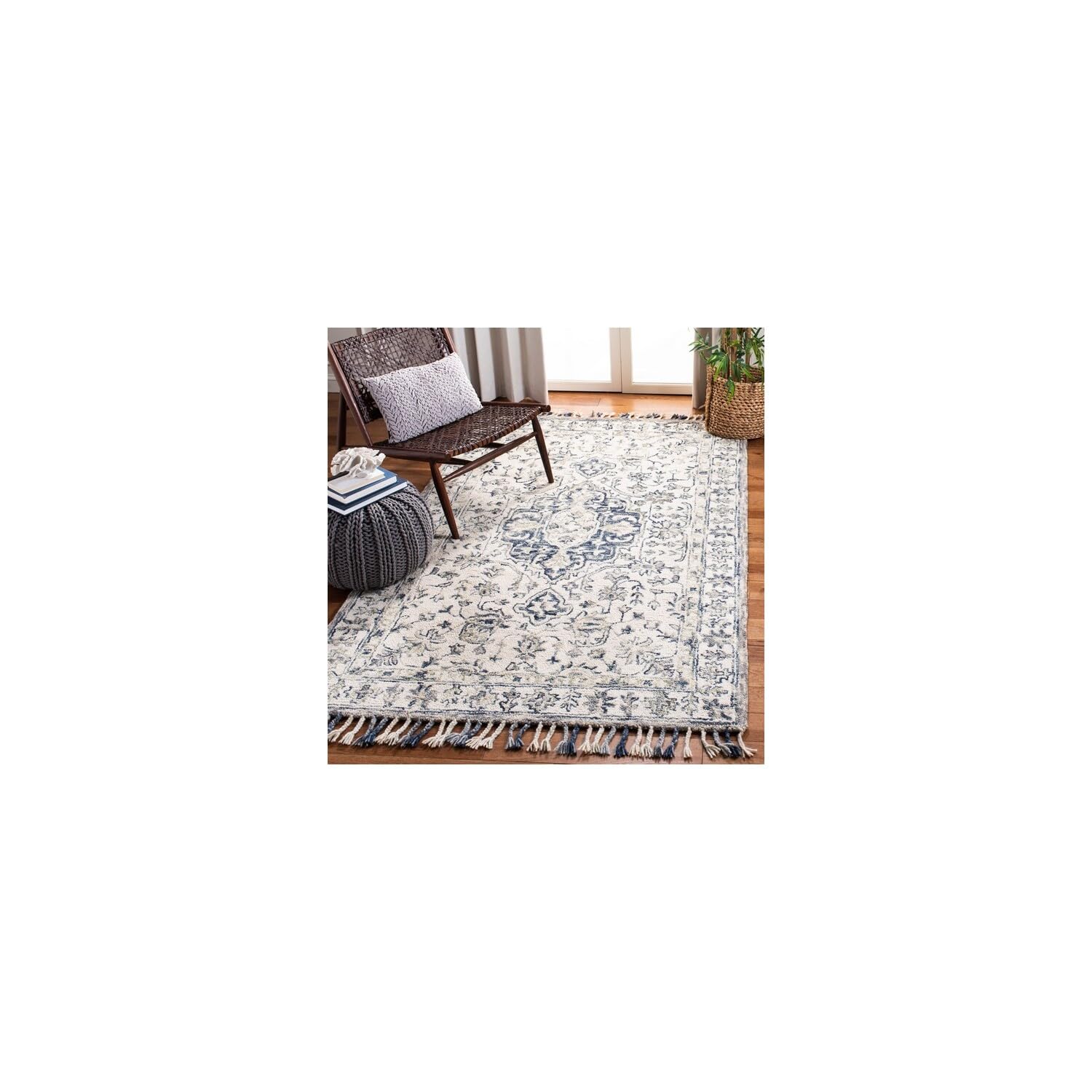 SAFAVIEH Aspen Collection Area Rug - 10' x 14', Ivory & Blue, Handmade Boho Braided Tassel Wool, Ideal for High Traffic Areas in Living Room, Bedroom (APN125A)