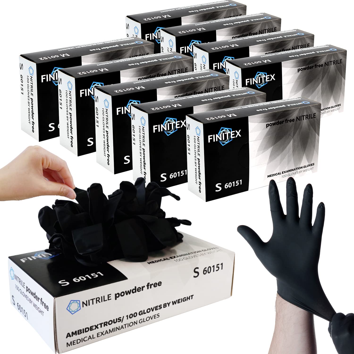 FINITEX - Black Nitrile Disposable Gloves, Exam Gloves, Powder-free, Latex-free, 3mil, 1000PCS (Large)