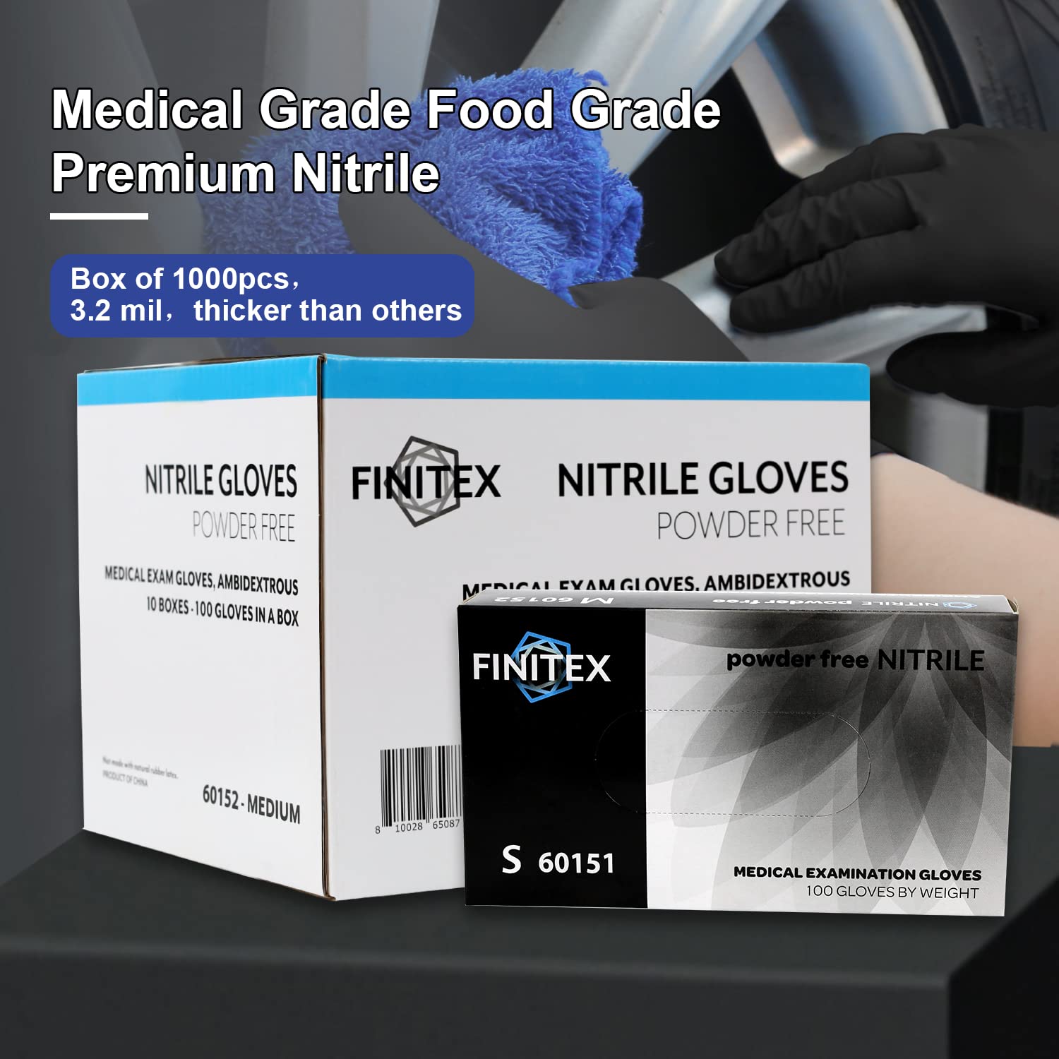 FINITEX - Black Nitrile Disposable Gloves, Exam Gloves, Powder-free, Latex-free, 3mil, 1000PCS (Large)