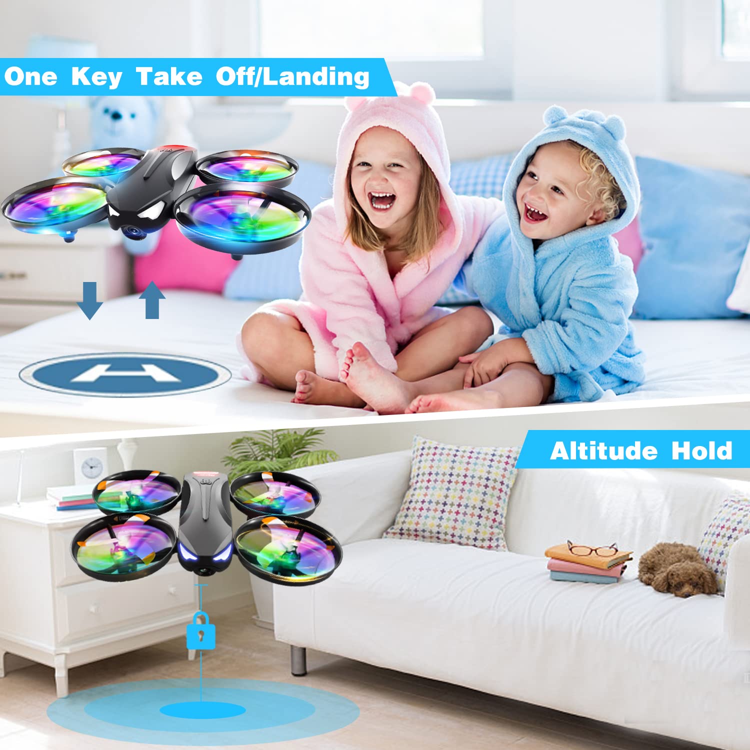 4DRC V16 Drone with Camera for Kids,1080P FPV Camera Mini Quadcopter Beginners Toy with 7 Colors LED Lights,3D Flips,Gesture Selfie,Headless Mode,Altitude Hold,Boys Girls Birthday Gifts,