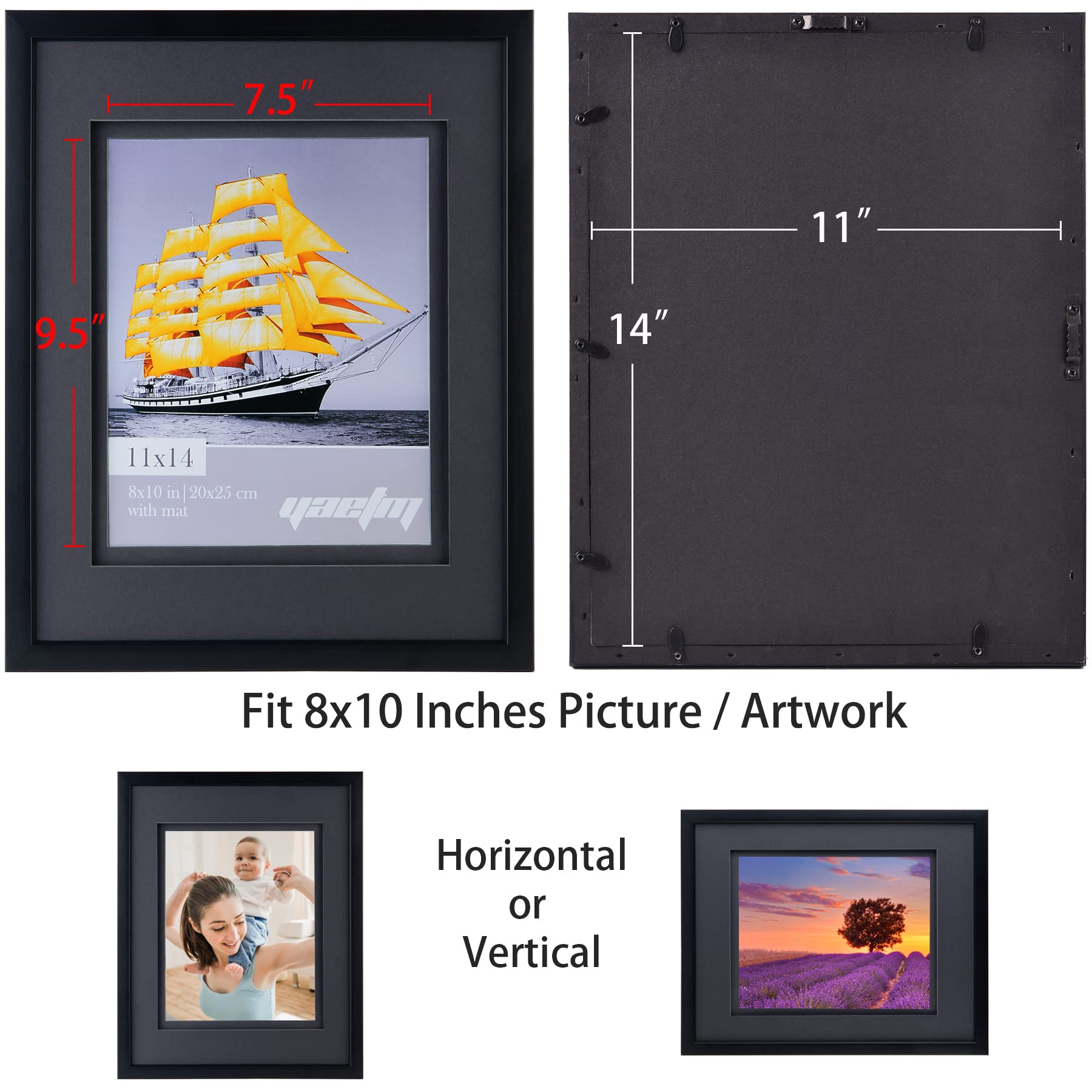 Yaetm 11x14 Double Floating Mat Picture Frame Set of 2, Display Picture 8x10 with Black Double Mat, Polished High Definition Real Glass, Wall Mounting Photo Frames, Black/Black