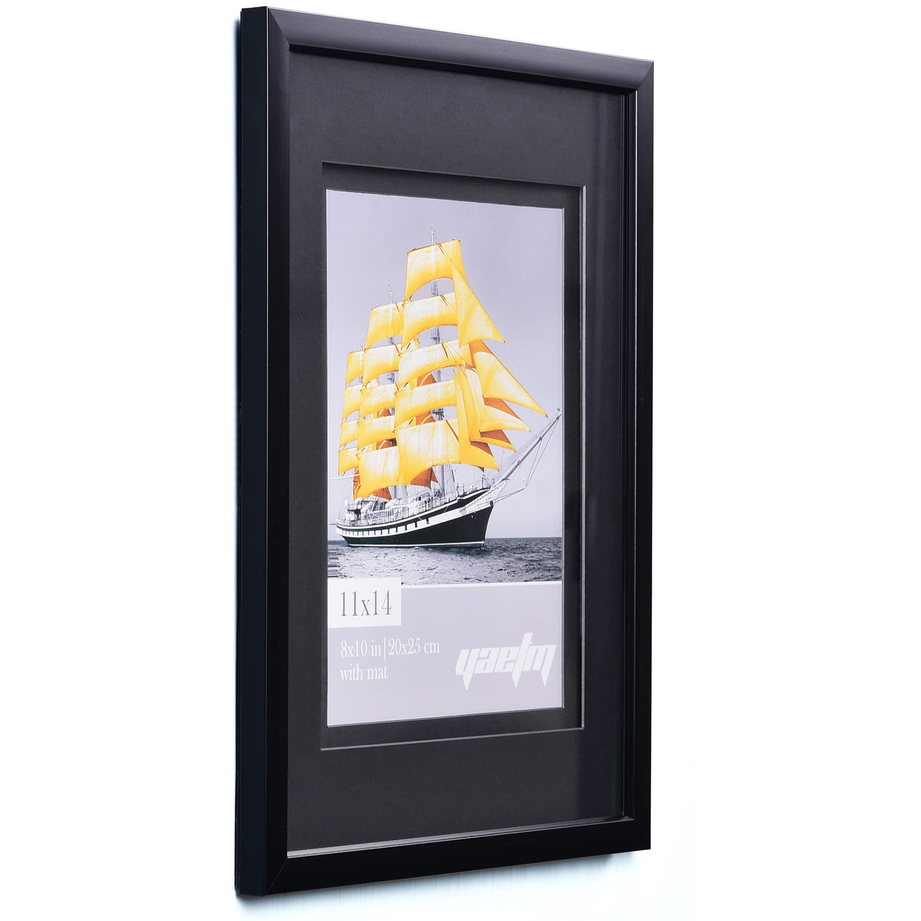 Yaetm 11x14 Double Floating Mat Picture Frame Set of 2, Display Picture 8x10 with Black Double Mat, Polished High Definition Real Glass, Wall Mounting Photo Frames, Black/Black