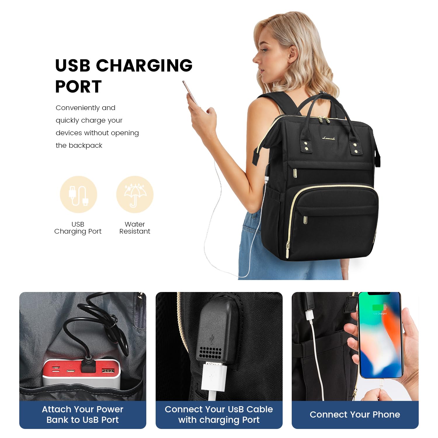 LOVEVOOK Laptop Backpack Women Teacher Backpack Nurse Bags, 17 Inch Womens Work Backpack Purse Waterproof Anti-theft Travel Back Pack with USB Charging Port (Black)