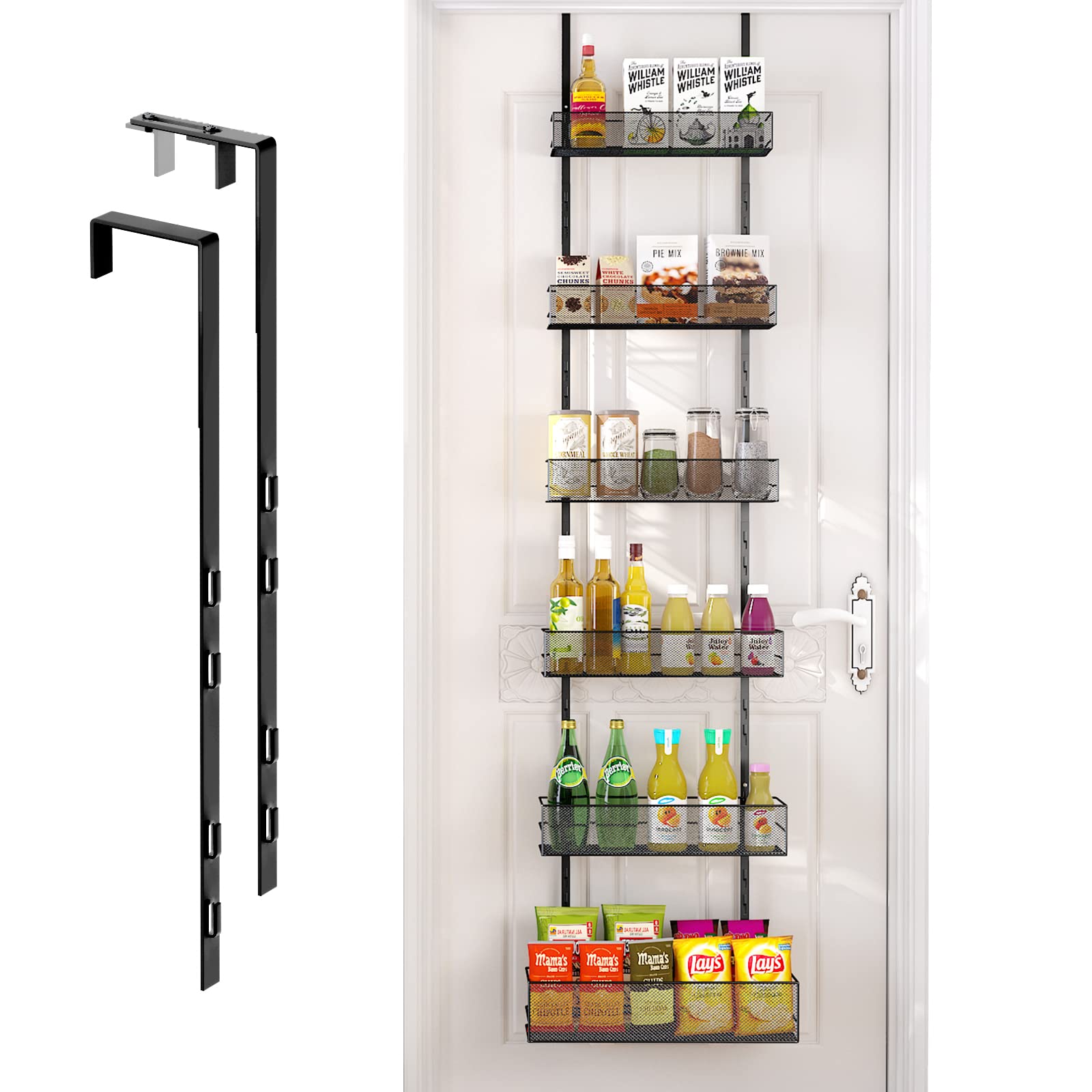 Over the Door Pantry Organizer - 6-Tier Mesh Basket Hanging & Wall Mounted Pantry Door Organizer, Over the Door Spice Rack with Adjustable Hooks for Kitchen, Bathroom, Bedroom, Storage Room (Black)