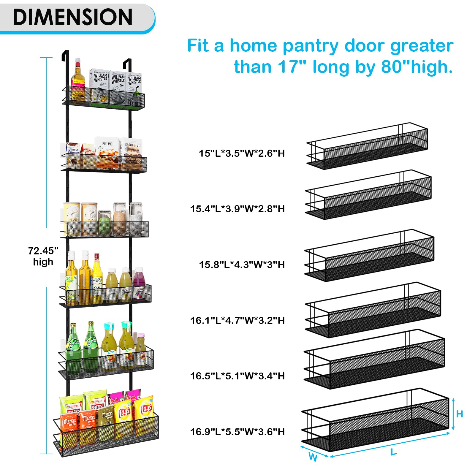 Over the Door Pantry Organizer - 6-Tier Mesh Basket Hanging & Wall Mounted Pantry Door Organizer, Over the Door Spice Rack with Adjustable Hooks for Kitchen, Bathroom, Bedroom, Storage Room (Black)