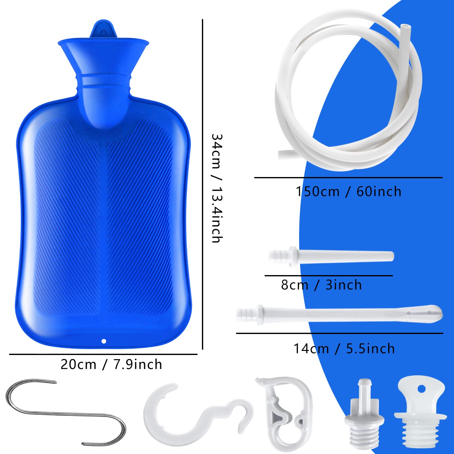 2 L Enema Bag ，Coffee Enema Bag Kit with 5.0 ft. Long Silicone Hose ,2 Multi-Size Reusable Tips, Controlable Water Flow Valve- Coffee, Shower, Douche & Home Adult Enema Kit（Blue）