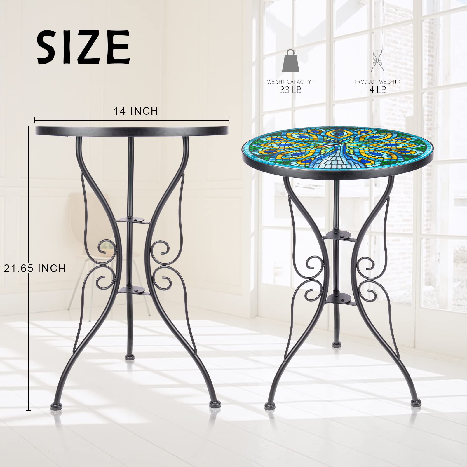 VCUTEKA Patio Side Table Outdoor Accent Table Bistro Coffee Table Plant End Table Small Porch Table Indoor Peacock