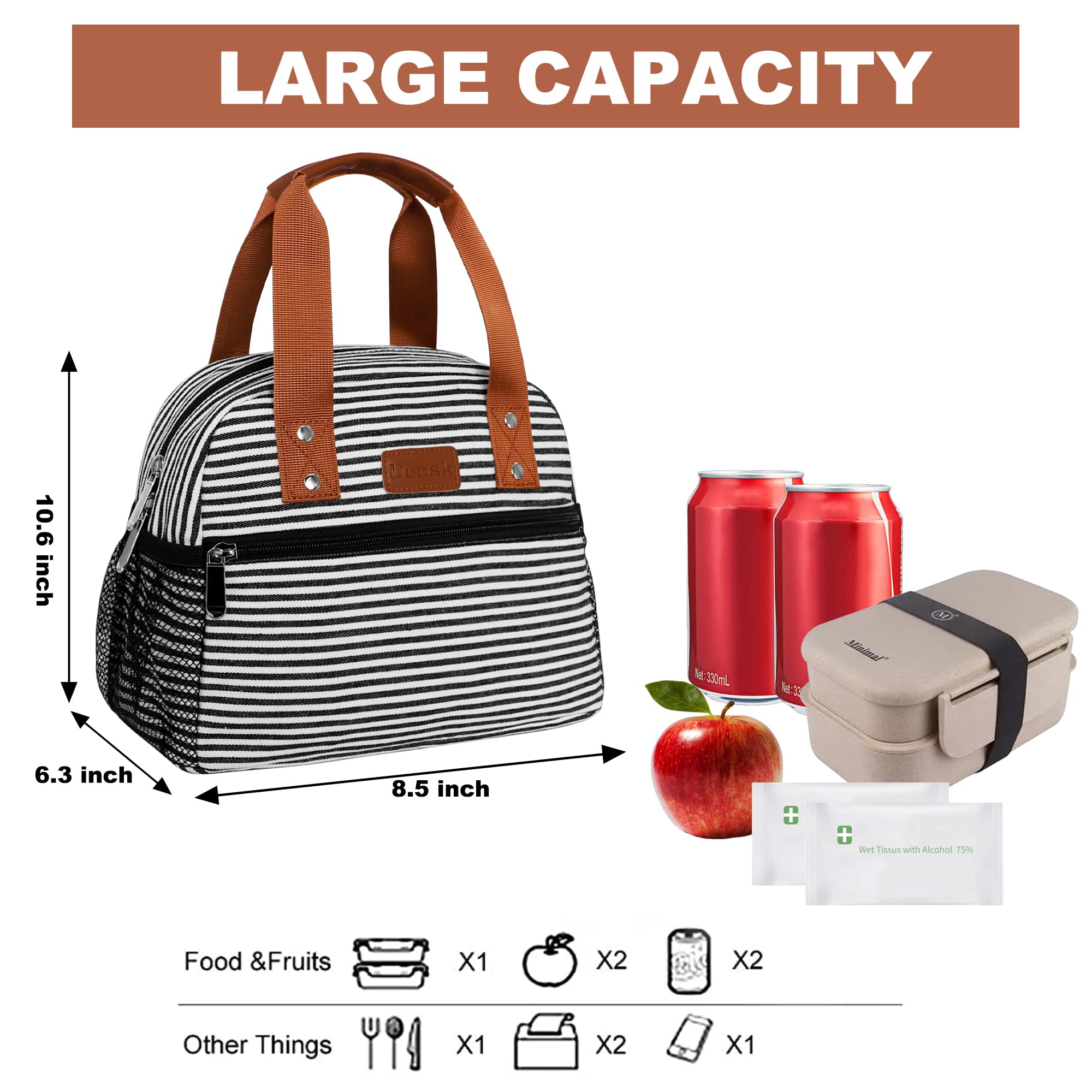 Lunch Bag for Women Freezable Lunch Tote Bag Organizer Reusable Cooler Lunch Box for Adult Outdoor Work,School and Picnic Insulated Lunch Bag with Pocket (Strip)