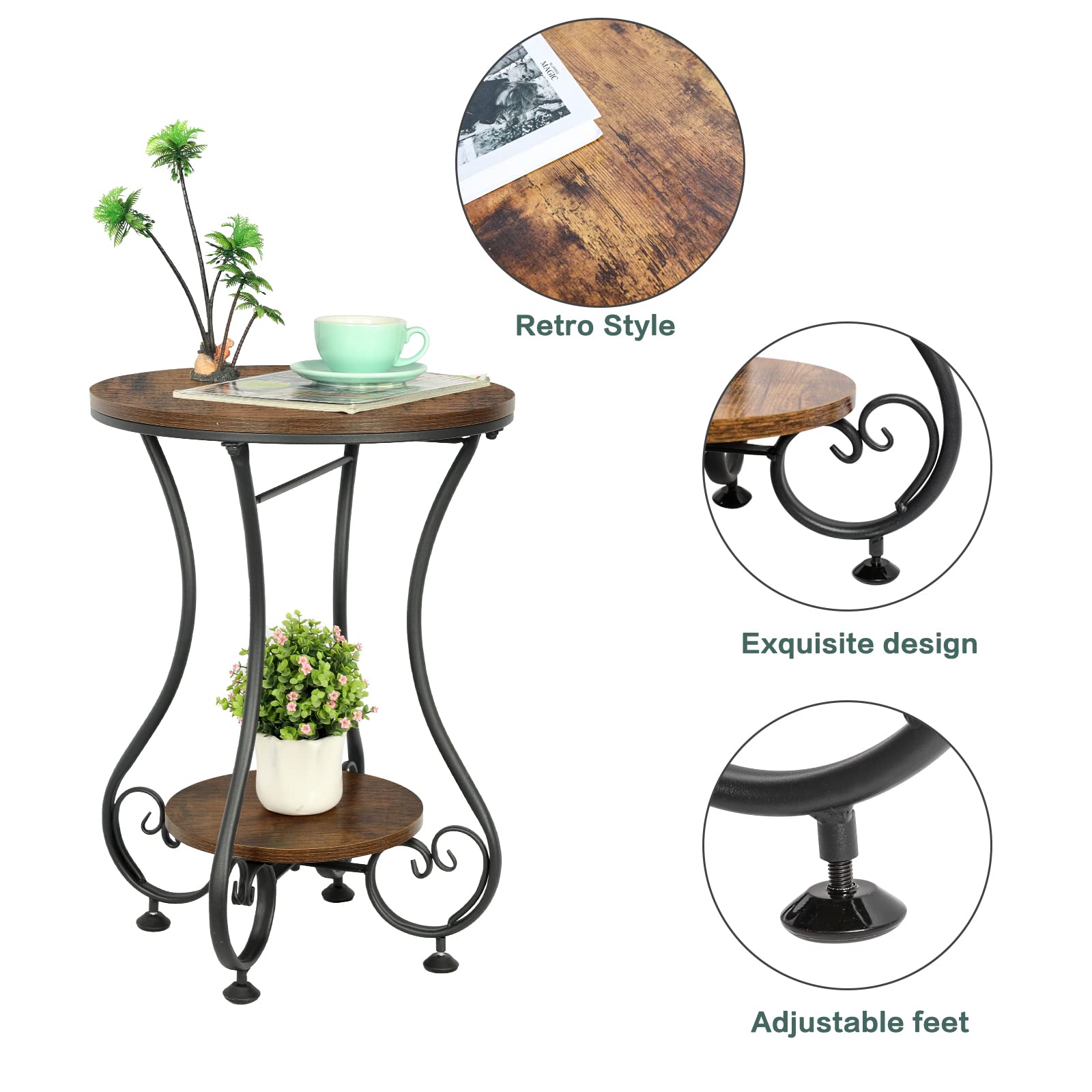 X-cosrack Round End Table, Industrial Retro Round Side Table for Small Spaces, Coffee Table for Living Room Balcony Bedroom Office,Stable Wood and Metal Frame,17.72" L x 17.72" W x 24.22" H